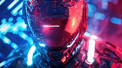 Wall Mural - Futuristic illustration cyberpunk soldier of science fiction military robot glowing neon background.