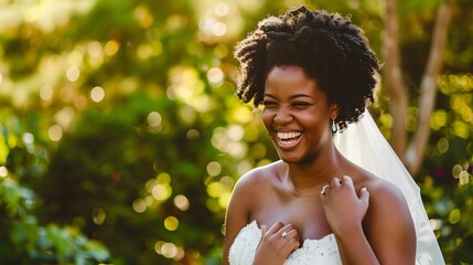 Wall Mural - Radiant bride beaming with joy in the garden, highlighted by the sun's soft glow.