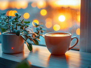 Wall Mural - A white coffee cup sits on a wooden table next to a potted plant