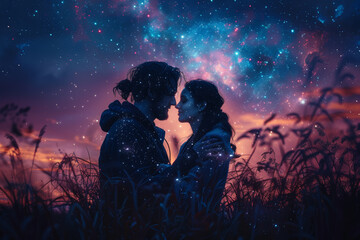 Wall Mural - A couple embracing under a starlit sky. Concept of romantic moments and connection. Generative Ai.