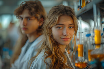 Poster - Students conducting a chemistry experiment in a lab. Concept of education and scientific inquiry. Generative Ai.