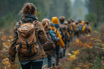 A teacher leading a class on a nature hike. Concept of environmental education and outdoor learning. Generative Ai.