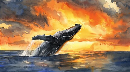 Poster - A watercolor painting of a humpback whale breaching the water's surface with a vibrant sunset in the background.