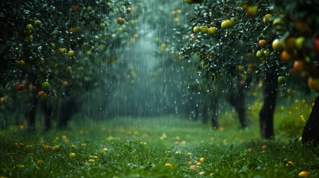 Orchard full of beautiful apple's, with a lush garden background rain falling from the sky.