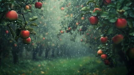 Orchard full of beautiful apple's, with a lush garden background rain falling from the sky.