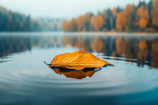 A single leaf floating on a calm body of water. 