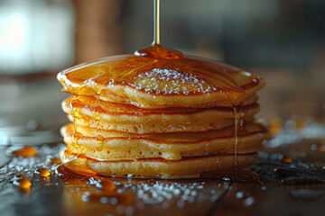 Sticker - A stack of fluffy pancakes drizzled with maple syrup. Concept of breakfast favorites and comfort food. Generative Ai.