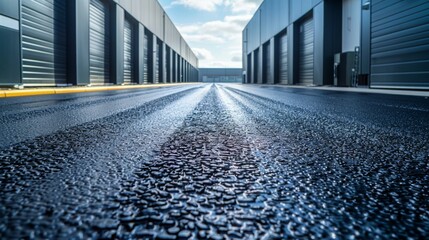 Sticker - A large empty parking lot with a lot of grey buildings, modern terminal hangars, warehouse or factory