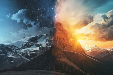 Wall Mural - A mountain split into two halves: one showing a sunset, the other a starry night. 