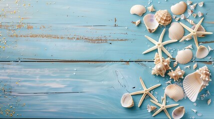 Aufkleber - Seashells and starfish on a blue rustic wooden background Holiday and vacation concept Top view copy space : Generative AI