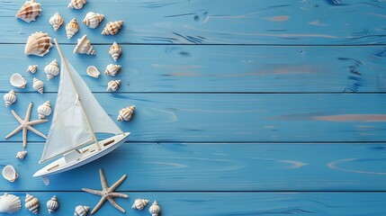 Poster - nautical concept with white sail boat and seashells over blue wooden background : Generative AI