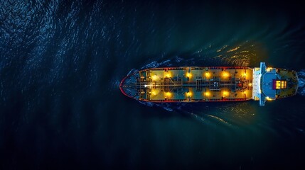 Poster - Aerial top view cargo bulk carrier ship on the sea at night : Generative AI