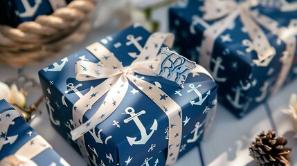 Wall Mural - Wedding favors nautical style decoration soap box guest gifts wrapped in blue white anchor pattern paper ribbon custom label sailor rope background original summer beach party souvenir : Generative AI