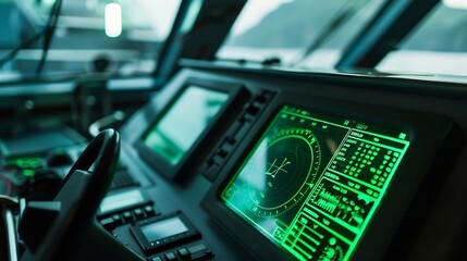Fototapete - Radar screen with green display indication on a captains bridge of modern ship : Generative AI