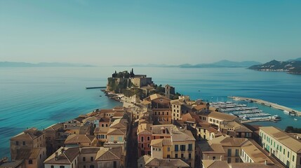 Wall Mural - drone view of corfu town with Old Fortress in background in corfu Greece : Generative AI