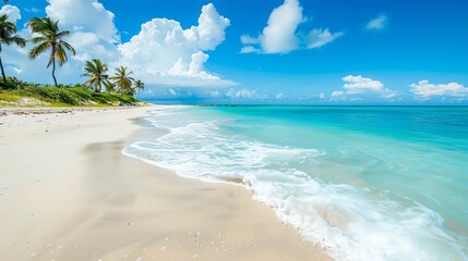 Wall Mural - A tropical beach with palm trees and turquoise water.