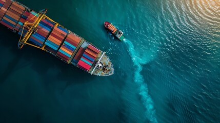 Poster - Aerial top view of International Containers Cargo ship oversea Freight Transportation Shipping cargo to harbor Nautical Vessel Important and efficient transport Logistics import export : Generative AI