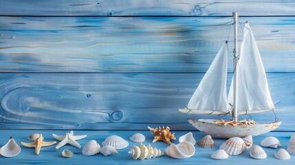 Poster - nautical concept with white sail boat and seashells over blue wooden background : Generative AI