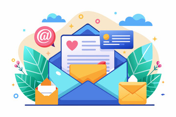 Fototapete - two people standing next to an email envelope, captivating email newsletter to keep customers informed
