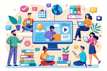 Leinwandbilder - people are sitting around a computer with a screen showing a video, collaborative online space for educators to share resources and best practices