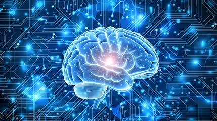 Poster - A digital rendering of a human brain with a glowing core,  overlaid on a blue circuit board pattern, representing the concept of artificial intelligence.
