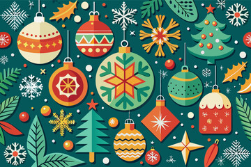 Poster - a christmas card with ornaments and snowflakes, festive pattern with holiday motifs such as snowflakes and ornaments