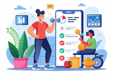 Aufkleber - a man and woman standing next to a clipboard with a checklist on it, fitness app offering personalized workout plans, nutrition guidance, and progress tracking