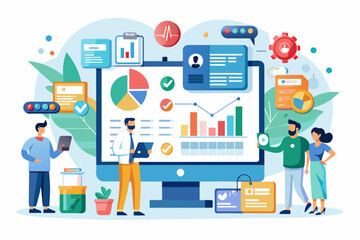 Leinwandbilder - a man standing in front of a computer screen with graphs and other items, healthcare data analytics platform for evidence-based decision-making and quality improvement