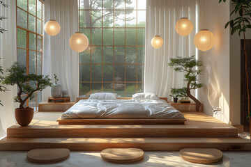 Wall Mural - A minimalist bedroom with a low platform bed, simple bedding, and paper lanterns, creating a tranquil atmosphere. Concept of Japandi aesthetic and relaxation. Generative Ai.