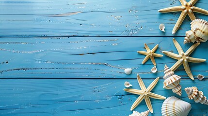 Aufkleber - Seashells and starfish on a blue rustic wooden background Holiday and vacation concept Top view copy space : Generative AI