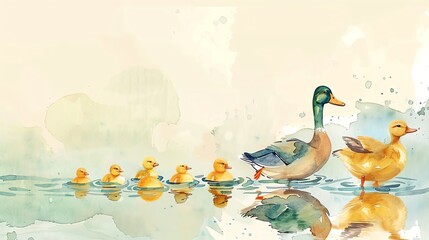 Wall Mural - Watercolor painting of a mother duck and her ducklings.