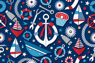 Poster - a pattern of nautical items on a blue background, nautical pattern with anchors, ropes, and sailing motifs