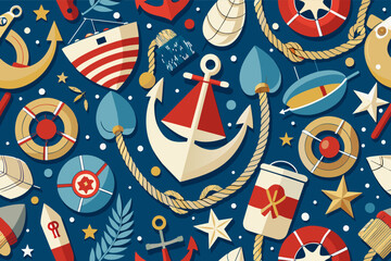 Poster - a pattern of nautical items on a blue background, nautical pattern with anchors, ropes, and sailing motifs