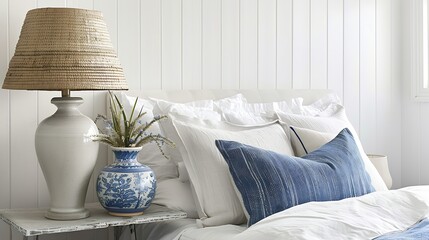 Poster - White and blue coastal style bedroom with sided table lamp : Generative AI