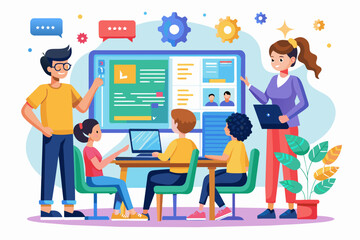 Poster - a group of people sitting at a table with laptops, An educational workshop on coding and computer programming for beginners