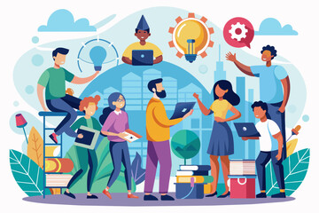 Aufkleber - a group of people standing around a laptop, An experiential learning initiative offering hands-on opportunities for skill development