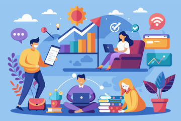 Leinwandbilder - people are working on a laptop with a map and a light bulb, An infographic on the rise of remote work using vectors