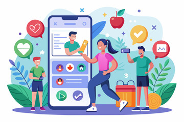 Leinwandbilder - a man and woman are standing next to a phone with a message on it, personalized health app offering tailored recommendations for diet, exercise, and wellness