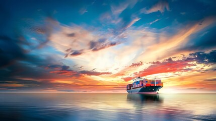 Poster - Container cargo ship in the ocean at sunset blue sky background with copy space Nautical vessel and sea freight shipping International global business logistics transportation import e : Generative AI