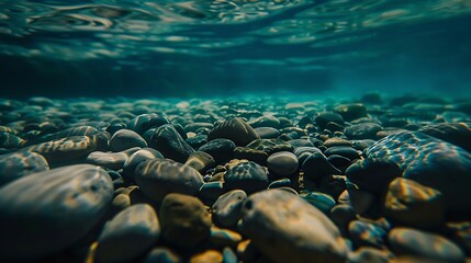 Poster - Sea stones in the sea water Pebbles under water The view from the top Nautical background Clean sea water Transparent sea : Generative AI