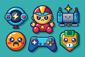 Leinwandbilder - a set of cartoon video game icons, setvector icons for a gaming app, featuring game controllers, characters, and power-ups