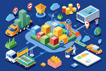 Poster - a blue background with a bunch of different items, supply chain optimization solution for streamlining operations and reducing costs