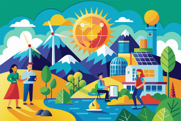 Poster - a group of people standing in front of a building, vector poster promoting renewable energy adoption