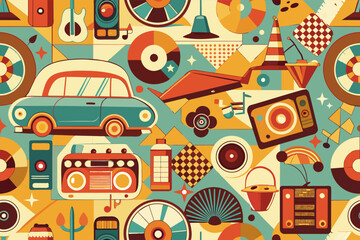 Poster - a colorful pattern with retro cars and other things, vintage-inspired pattern with retro elements