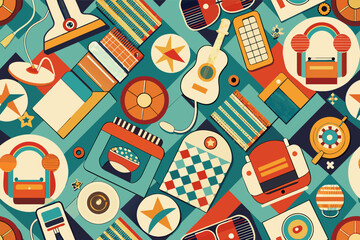 Poster - a colorful pattern with retro cars and other things, vintage-inspired pattern with retro elements