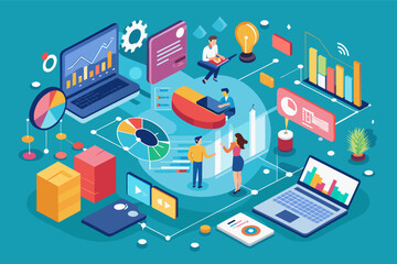 Aufkleber - a group of people standing around a laptop, visually engaging infographic for data-driven presentations