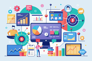 Aufkleber - a group of people standing around a laptop, visually engaging infographic for data-driven presentations