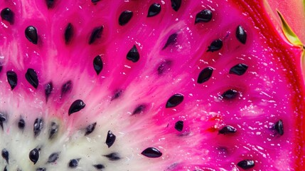 Dragon fruit slice macro cut close-up. Fresh dragon fruit texture surface for wallpaper banner background with copyspace