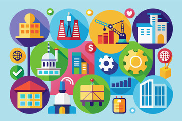 Fototapete - a poster with various icons and symbols, setcolorful icons representing various industries for business infographics