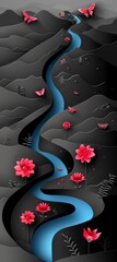 Aufkleber - blue papercut river flows through a black papercut mountain landscape with pink papercut flowers and butterflies.